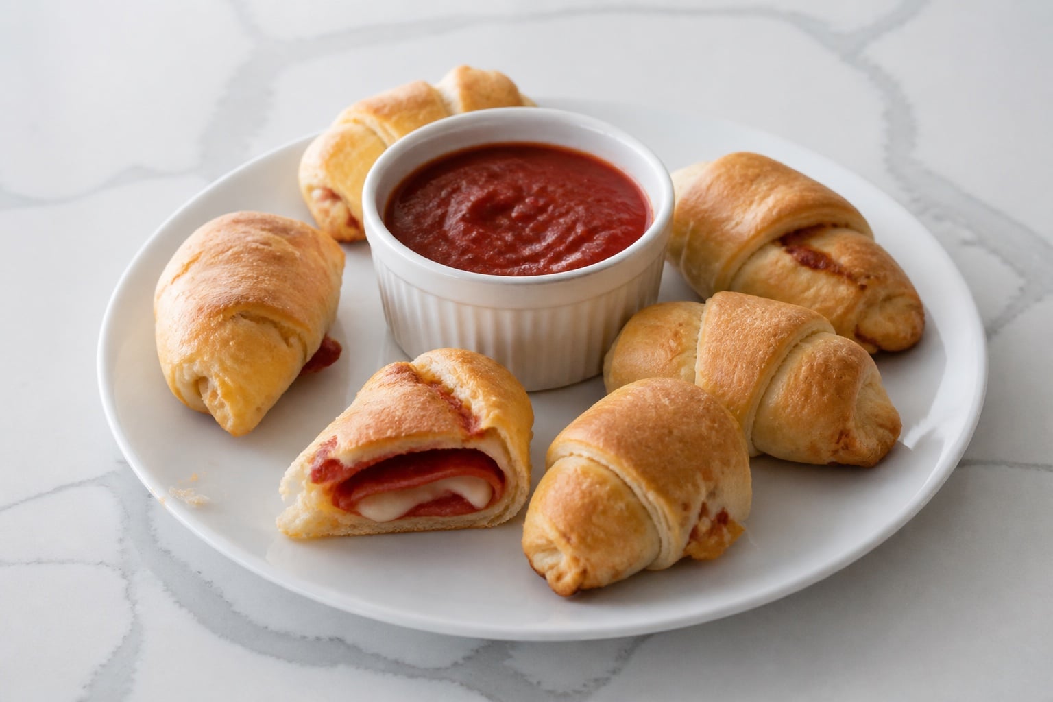Warm pepperoni pizza crescent rolls served with marinara sauce for dipping.
