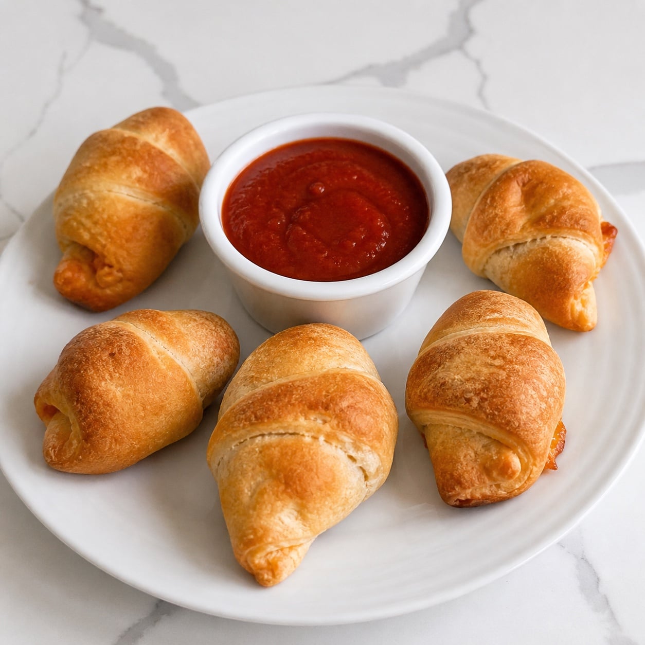 Golden pepperoni pizza crescent rolls served with warm marinara for dipping.