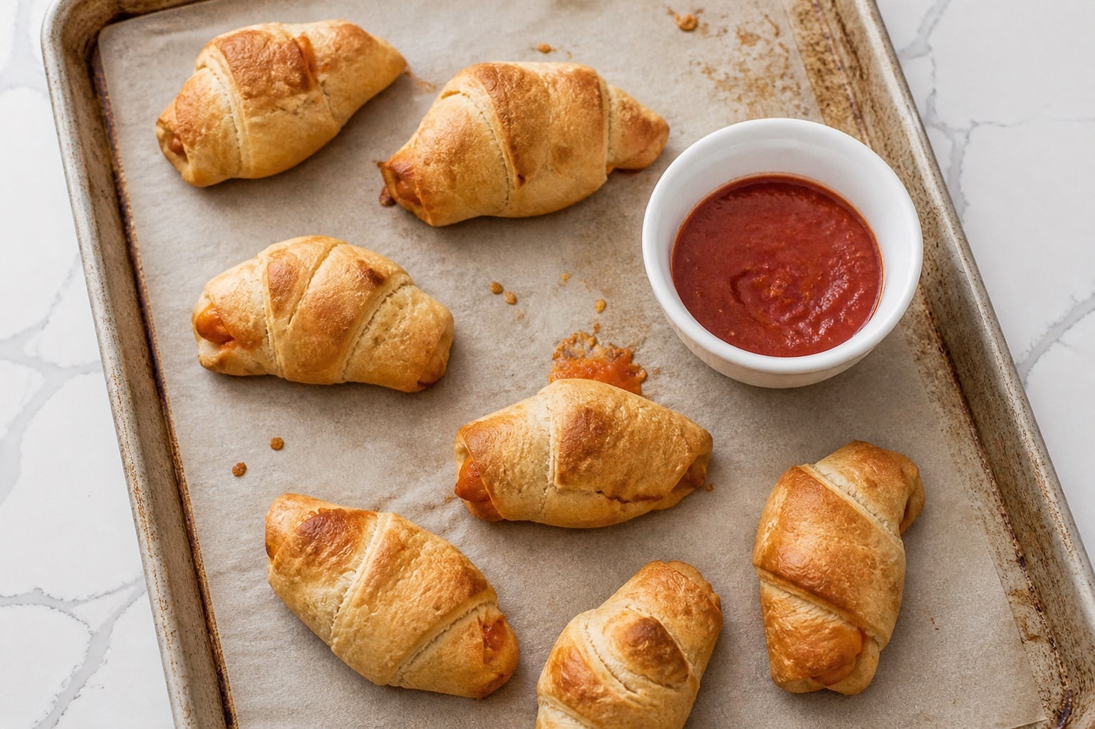 Split pepperoni pizza crescent roll showing melted mozzarella and pepperoni.