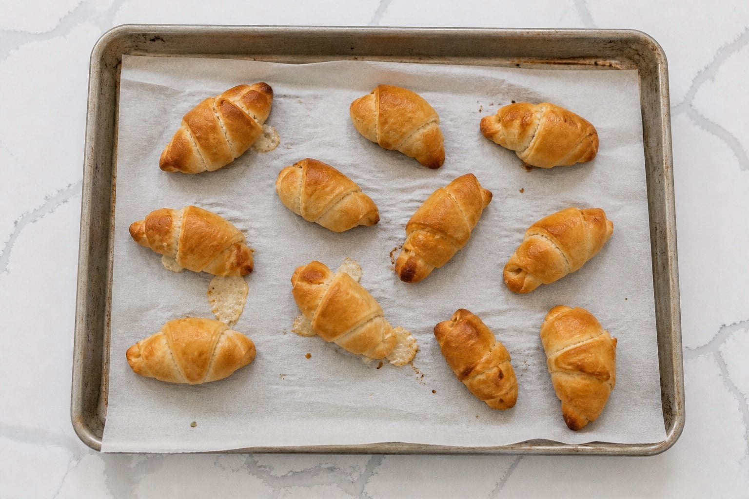 Golden baked pepperoni pizza crescent rolls cooling on a baking sheet.