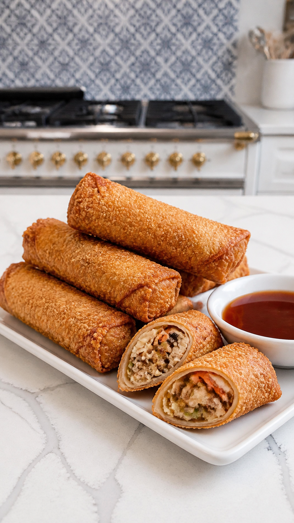 Platter of crisp pork egg rolls, including cut rolls that show the savory filling, with sweet and sour sauce.