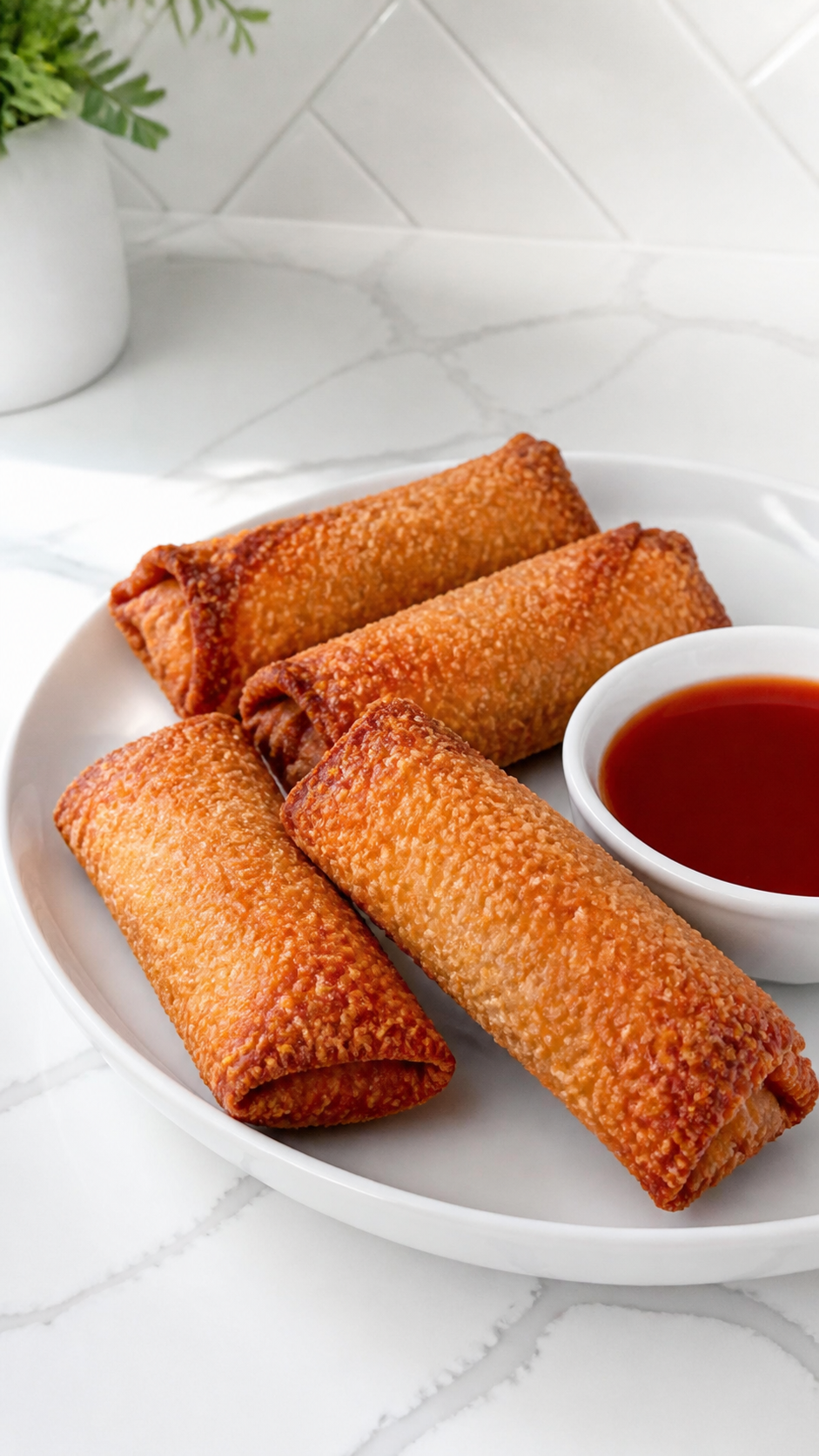 Golden pork egg rolls arranged on a white platter beside sweet and sour sauce.
