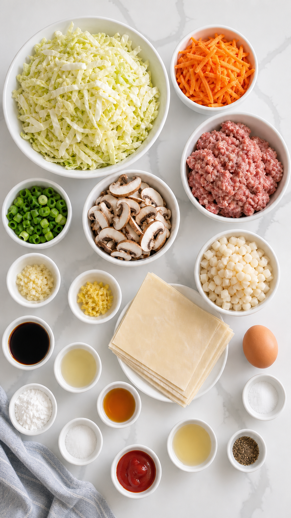 Pork egg roll and sweet and sour sauce ingredients arranged in bowls on a white counter.