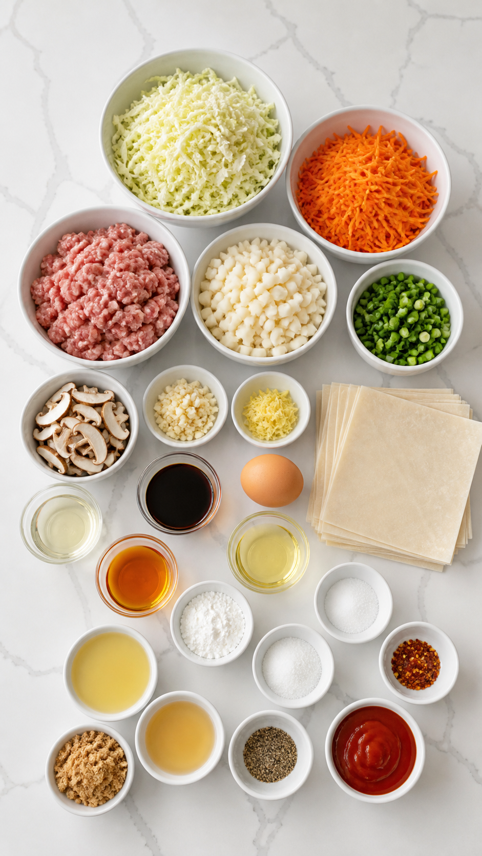 Pork egg roll and sweet and sour sauce ingredients arranged in bowls on a white counter.
