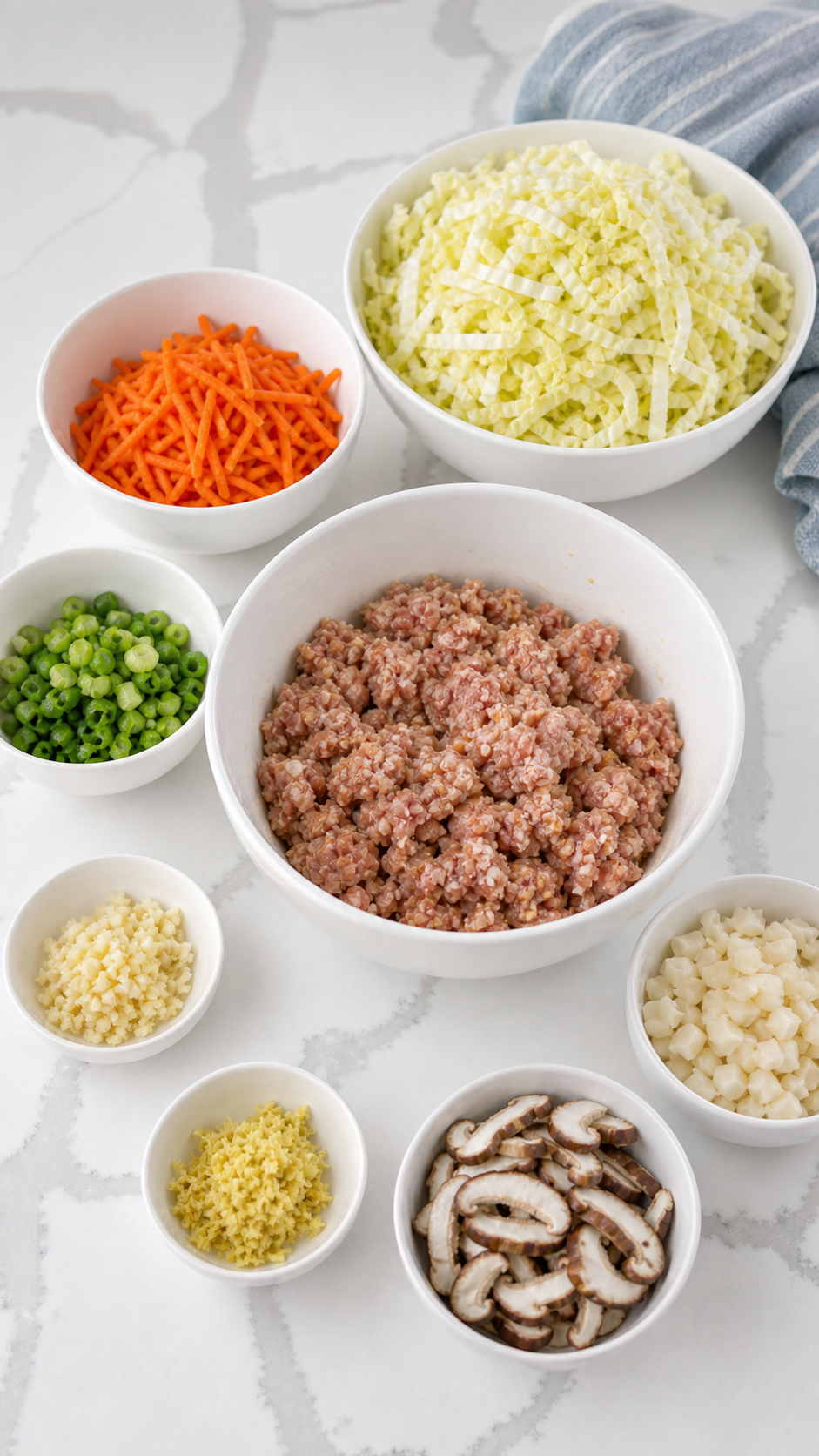 Ground pork marinating beside shredded cabbage, carrot, mushrooms, green onions, garlic, ginger, and water chestnuts.