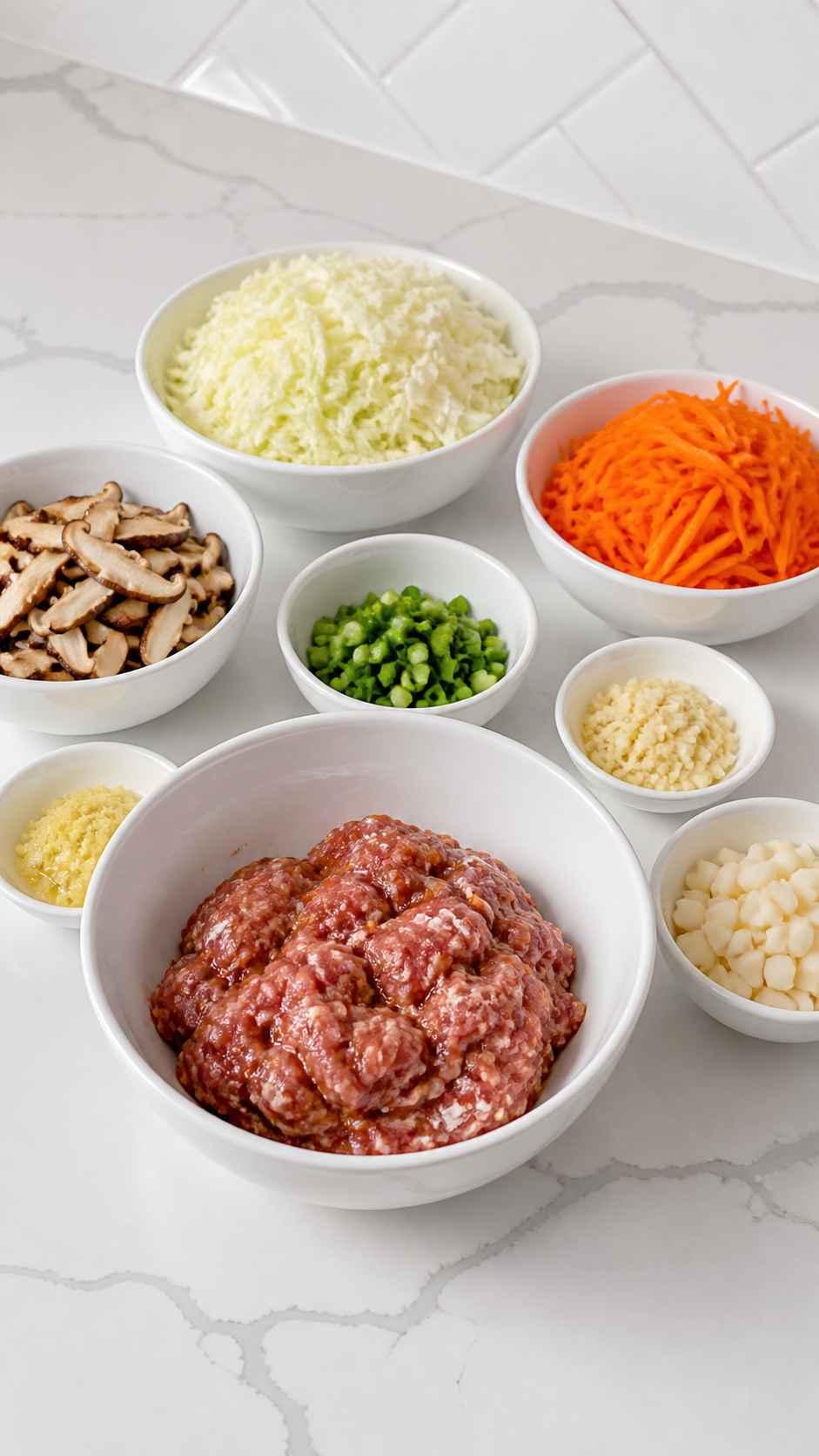 Ground pork marinating beside shredded cabbage, carrot, mushrooms, green onions, garlic, ginger, and water chestnuts.