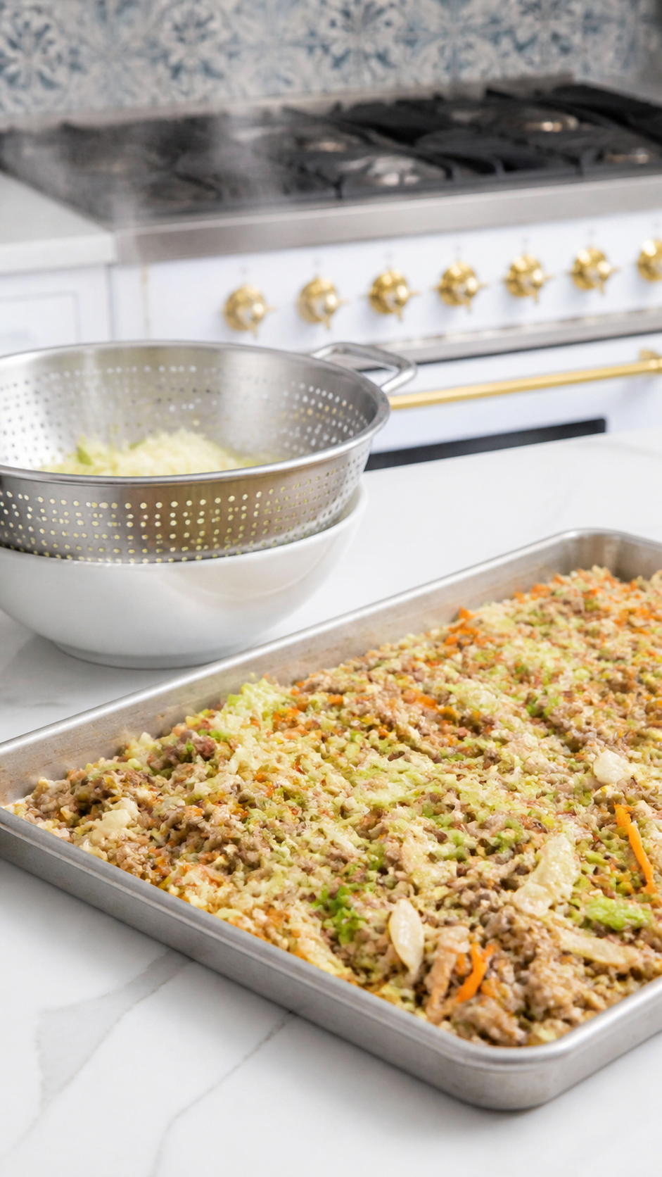 Cooked pork and vegetable egg roll filling draining and cooling on a rimmed baking sheet.