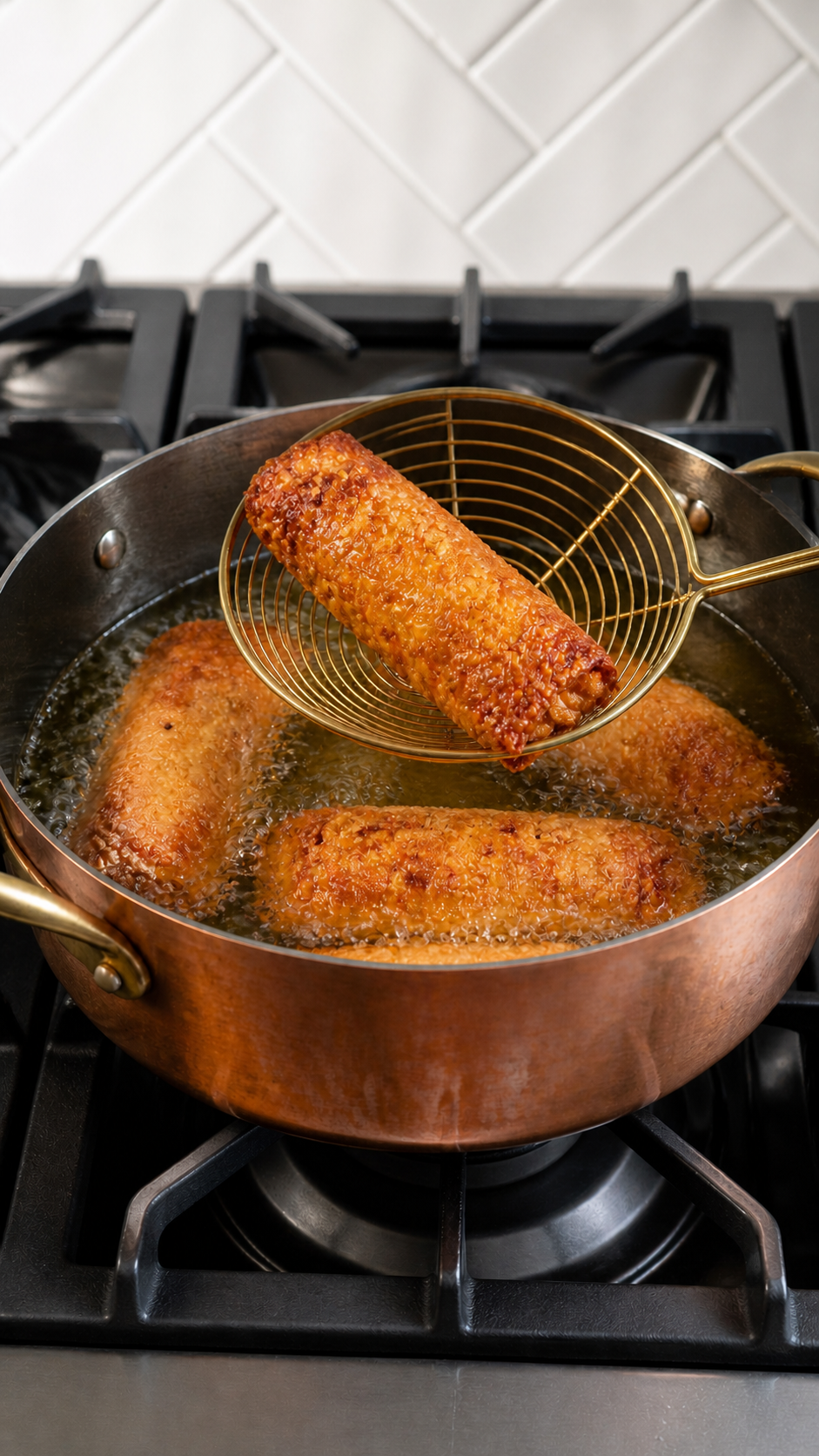 Pork egg rolls frying in bubbling oil with one golden roll lifted in a spider skimmer.