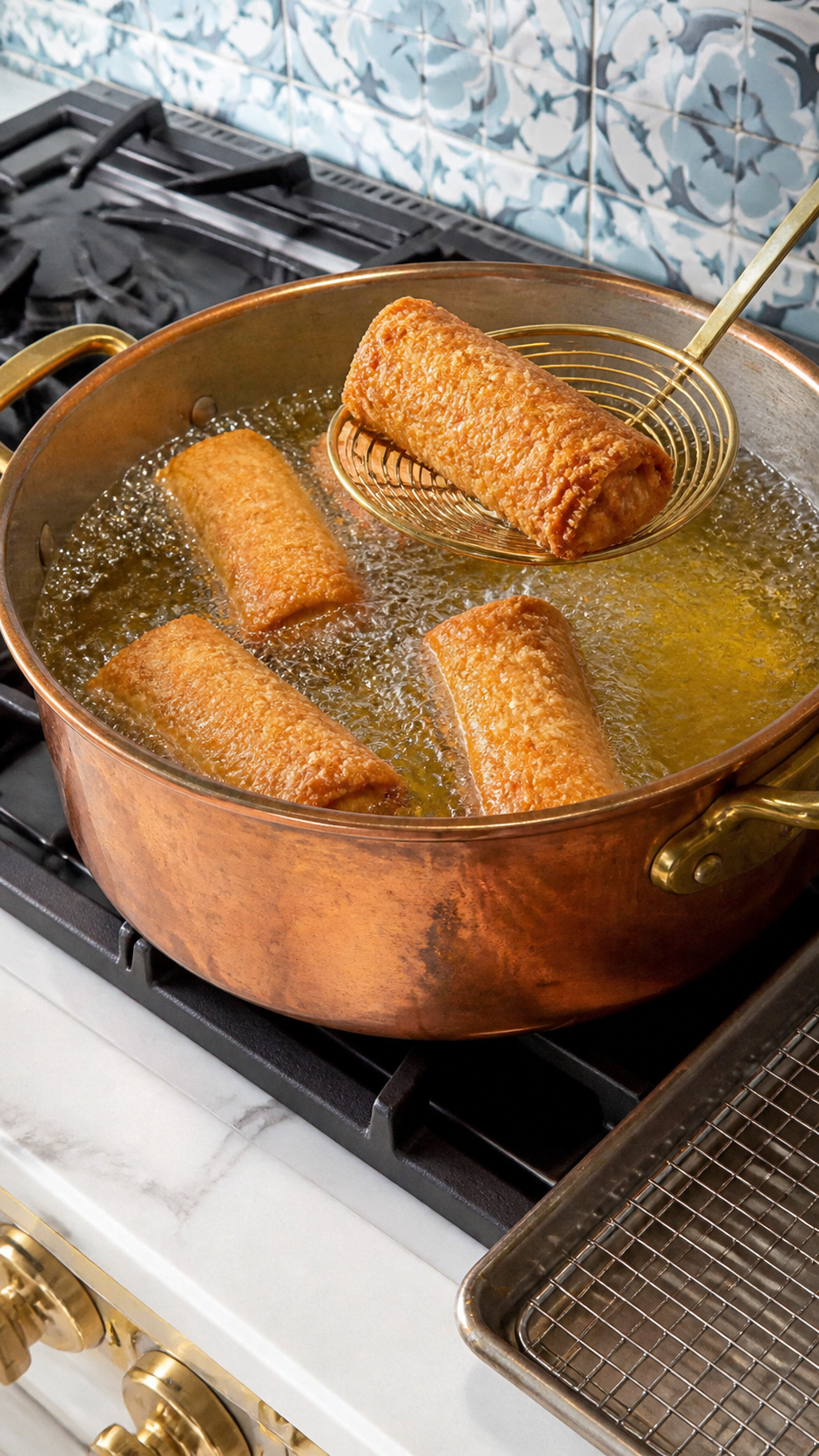 Pork egg rolls frying in bubbling oil with one golden roll lifted in a spider skimmer.