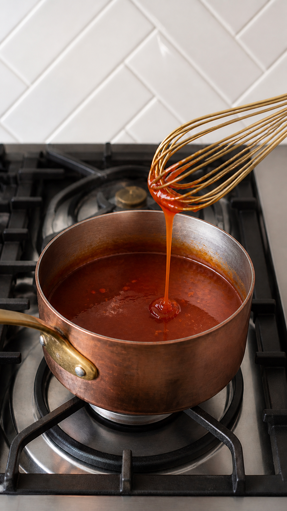 Homemade sweet and sour sauce thickening in a copper saucepan.