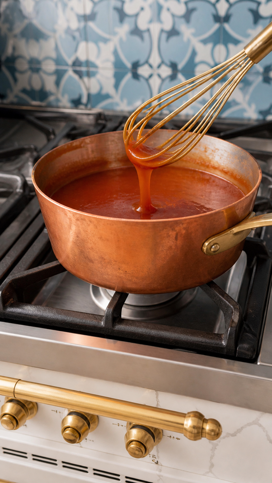 Glossy homemade sweet and sour sauce thickening in a copper saucepan.