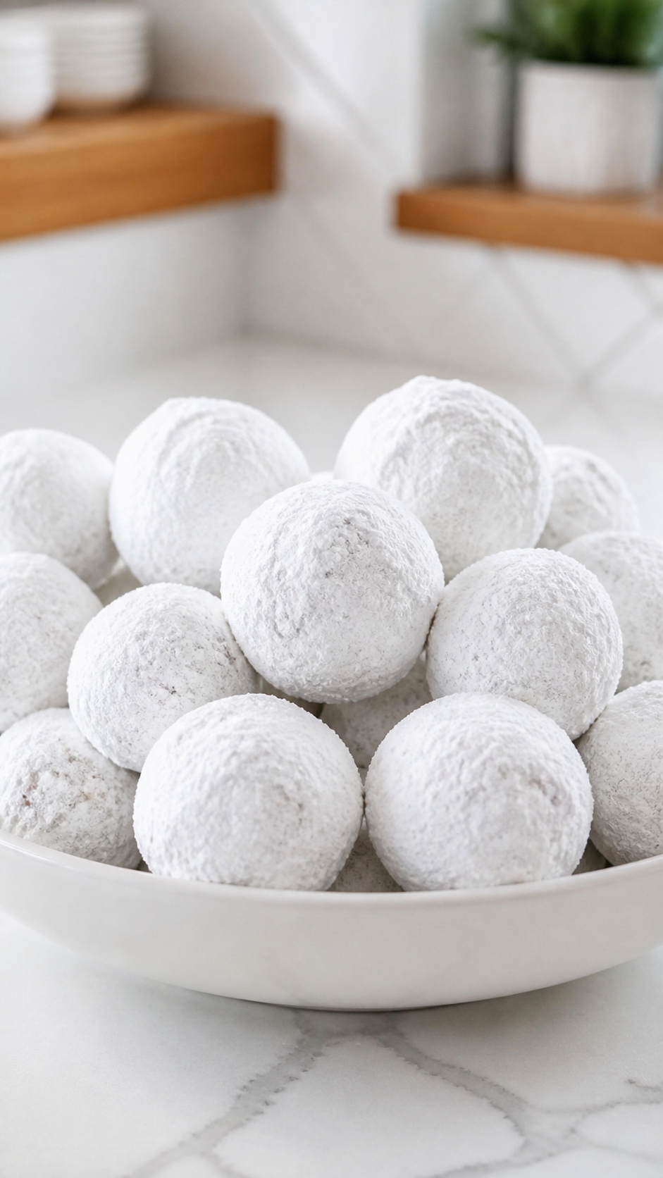 Close-up of snowy cranberry snowballs showing their thick powdered sugar coating.