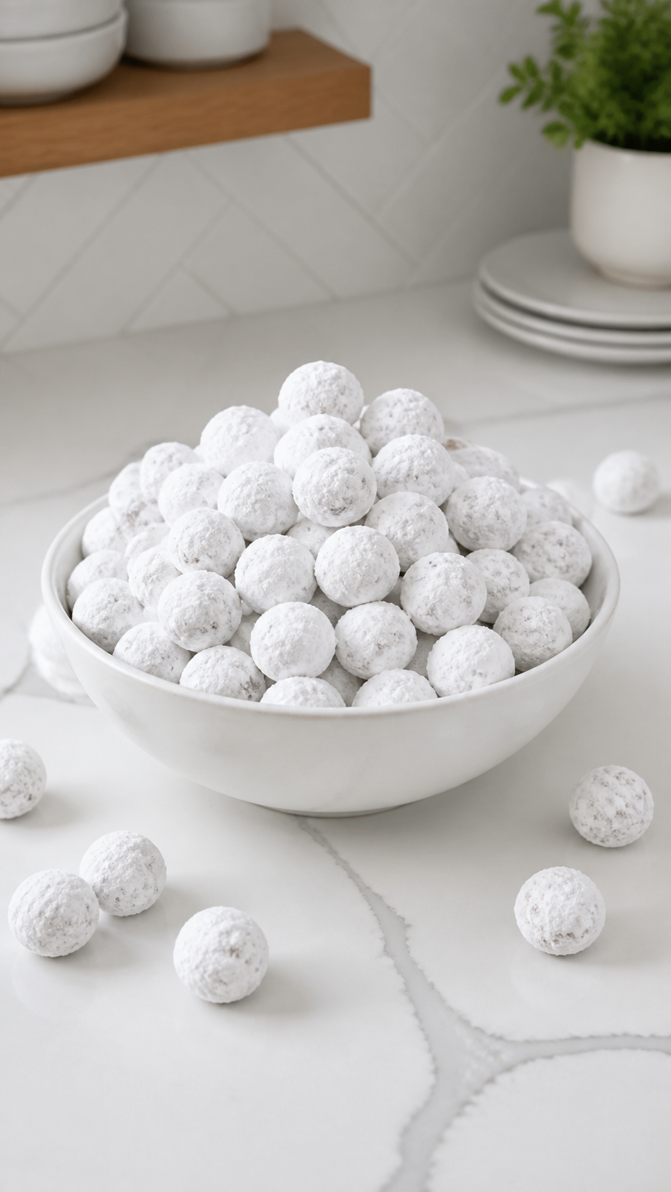 Powdered sugar cranberries piled in a white bowl on a bright kitchen counter.