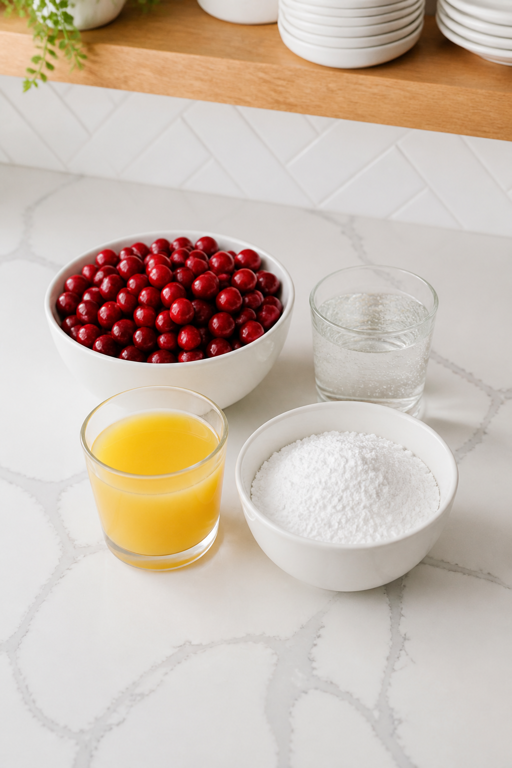 Fresh cranberries, lemon-lime soda, orange juice, and powdered sugar for cranberry snowballs.