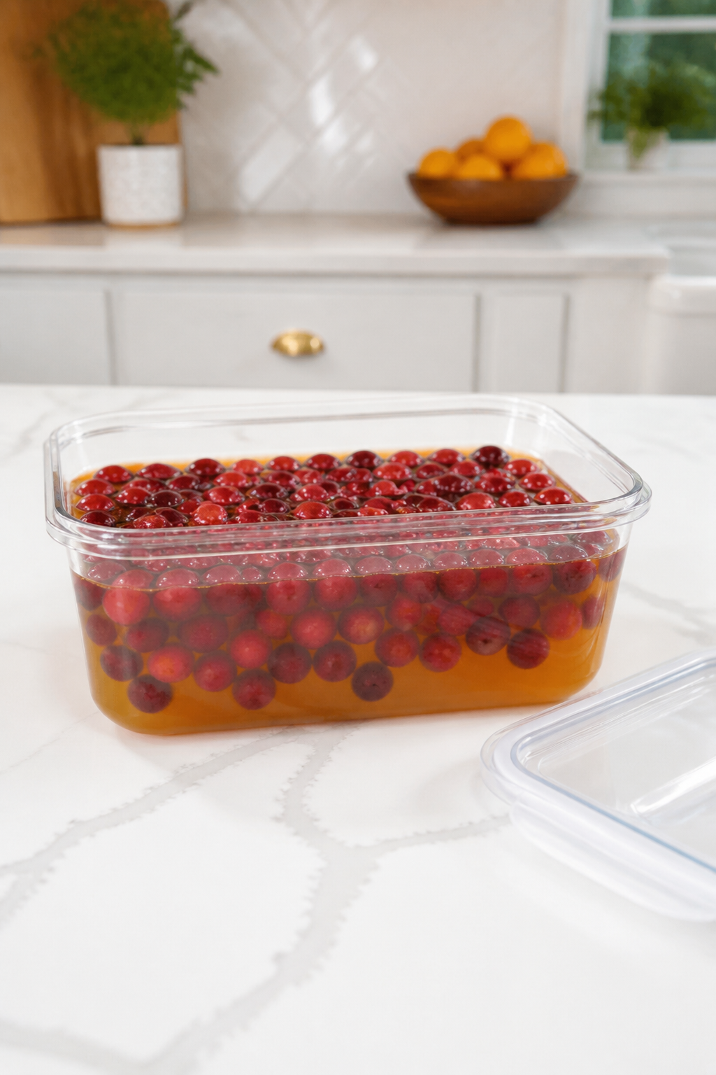 Fresh cranberries submerged in lemon-lime soda and orange juice in an airtight container.