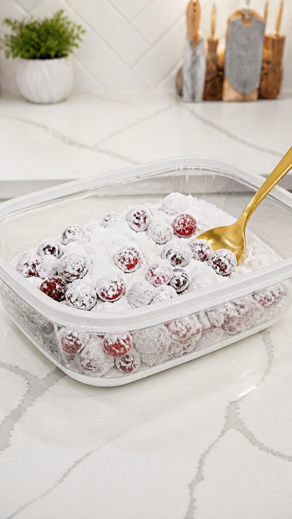Drained cranberries being gently tossed with powdered sugar until evenly coated.