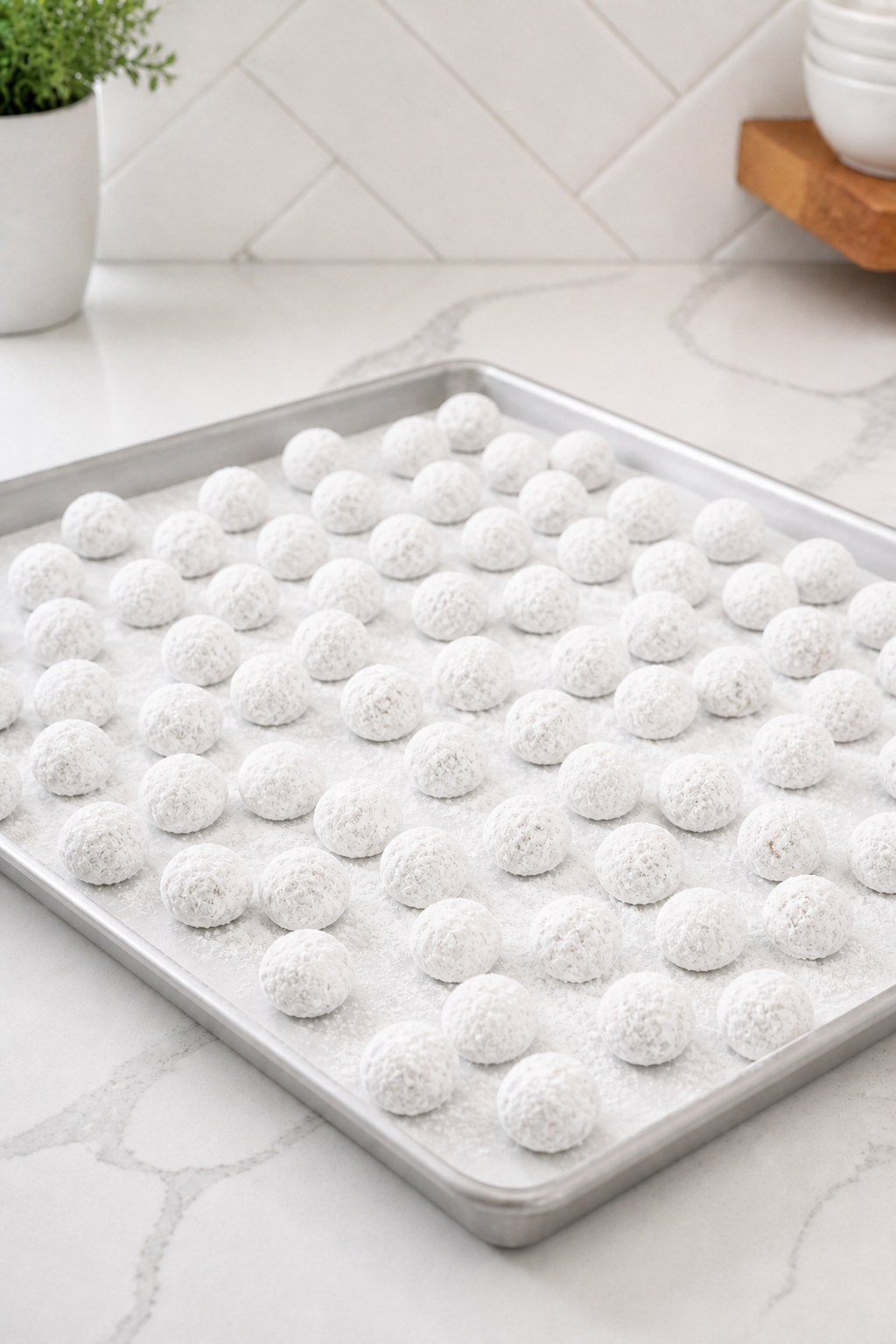 Powdered sugar cranberries drying in a single layer on parchment paper.