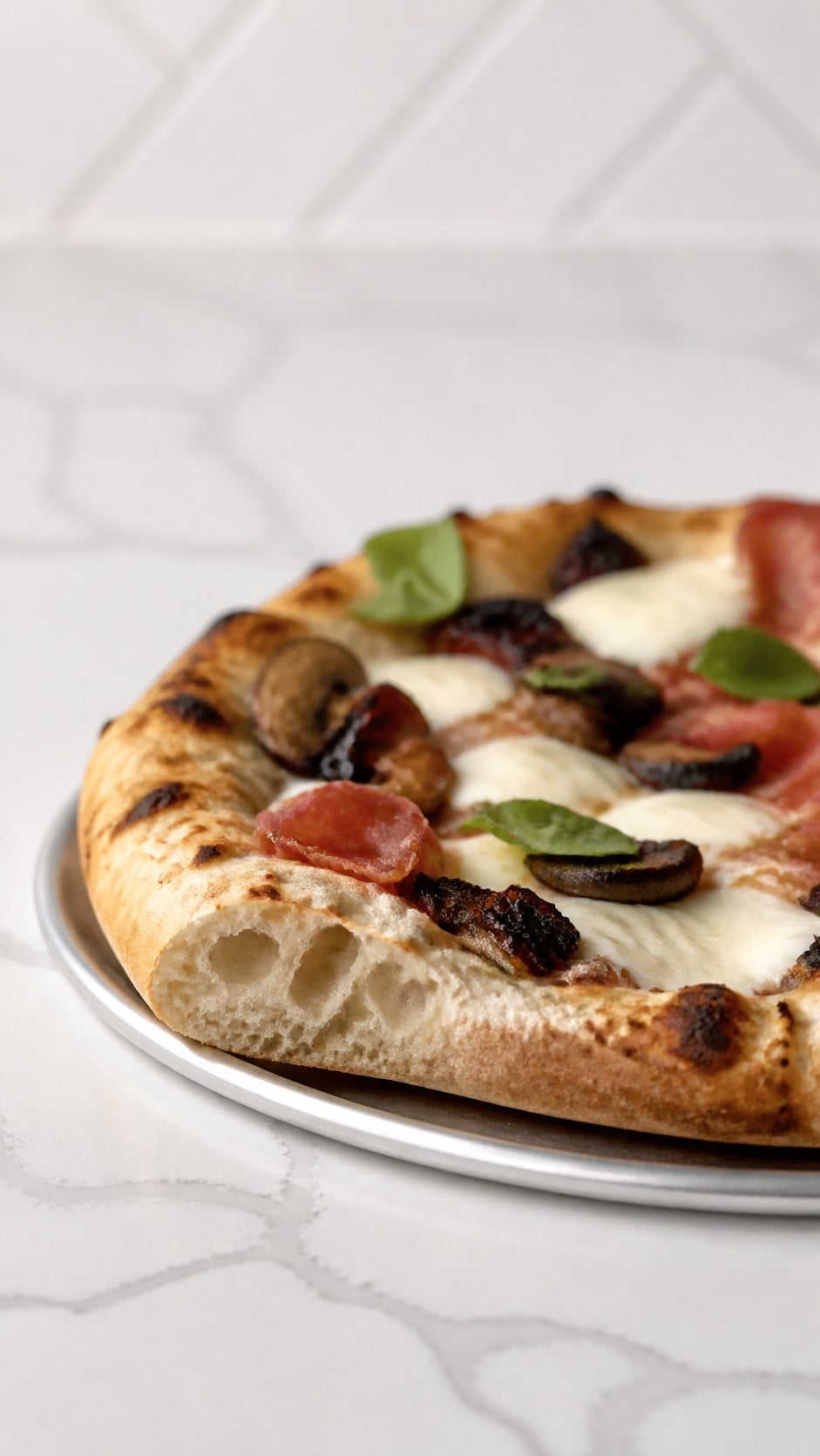 Close-up of the airy blistered rim on a wood-fired pizza crust.