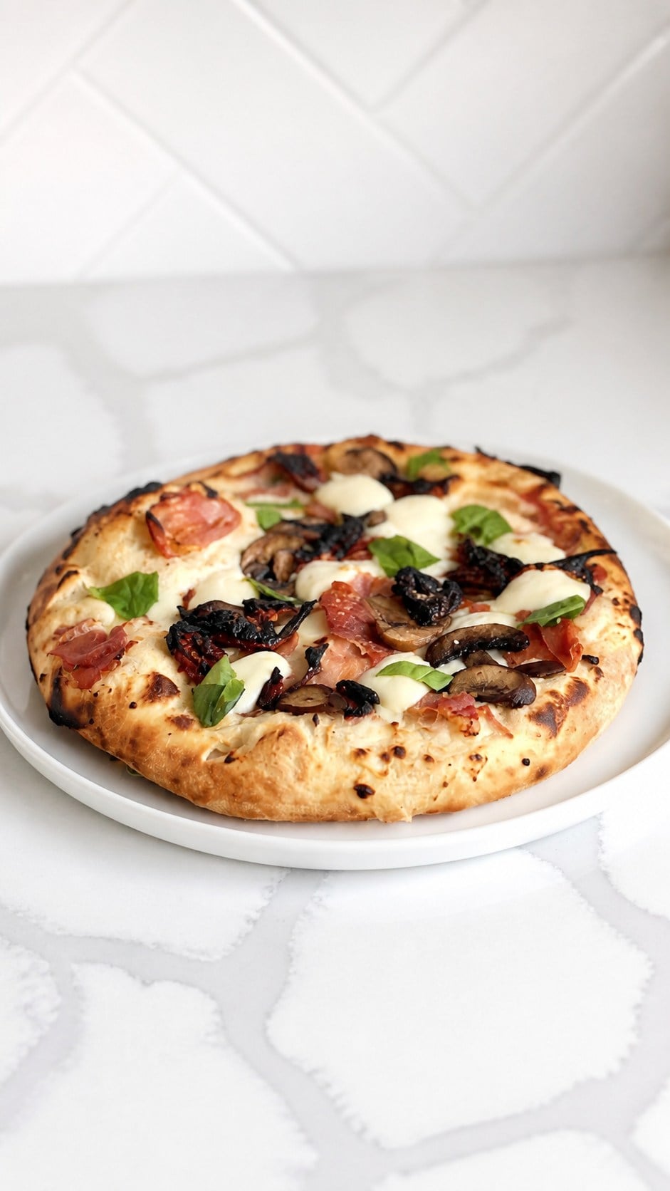 Wood-fired pizza with a puffy blistered crust made from overnight poolish dough.