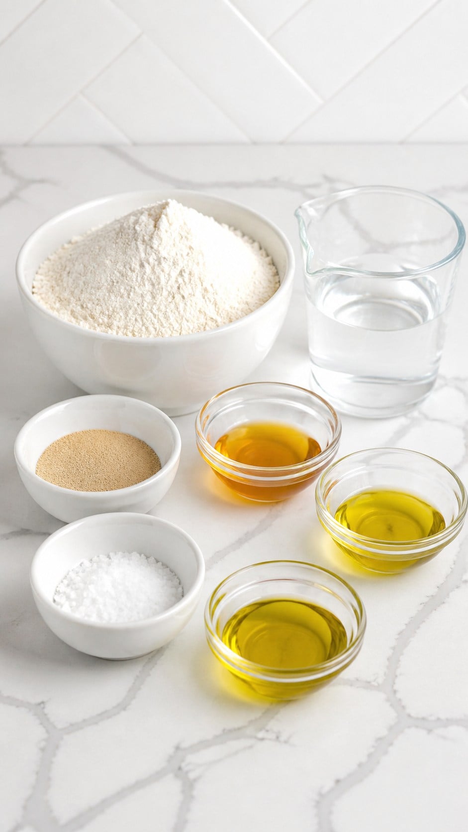 Ingredients for wood-fired pizza dough: 00 flour, water, yeast, honey, olive oil, and kosher salt.