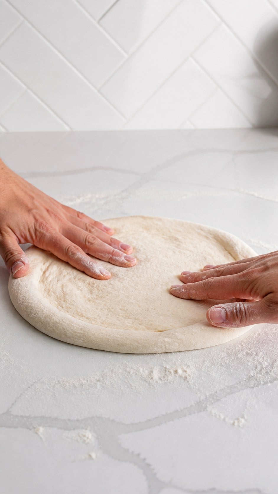 Pizza dough being stretched by hand with a thicker rim.