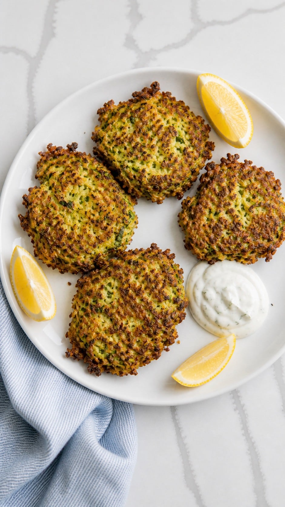 Warm zucchini fritters served on a platter with lemon dill sauce for dipping.