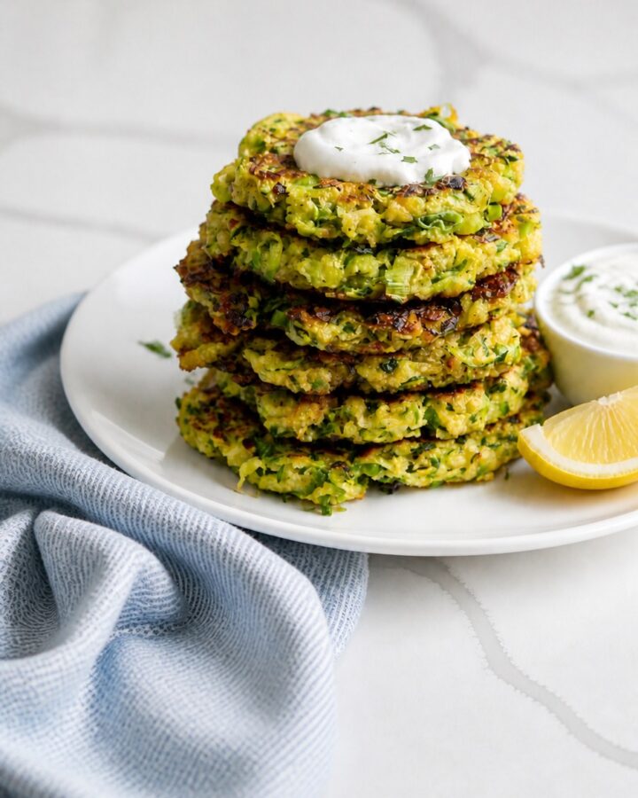 Stack of crispy zucchini fritters with deeply browned edges and visible zucchini shreds.