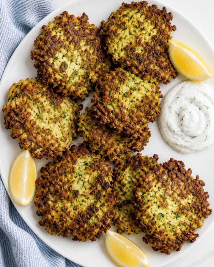 Crispy zucchini fritters arranged on a white plate with lemon dill sauce and lemon wedges.