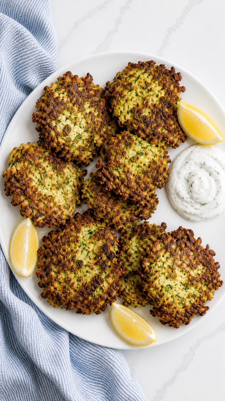 Crispy zucchini fritters arranged on a white plate with lemon dill sauce for serving.