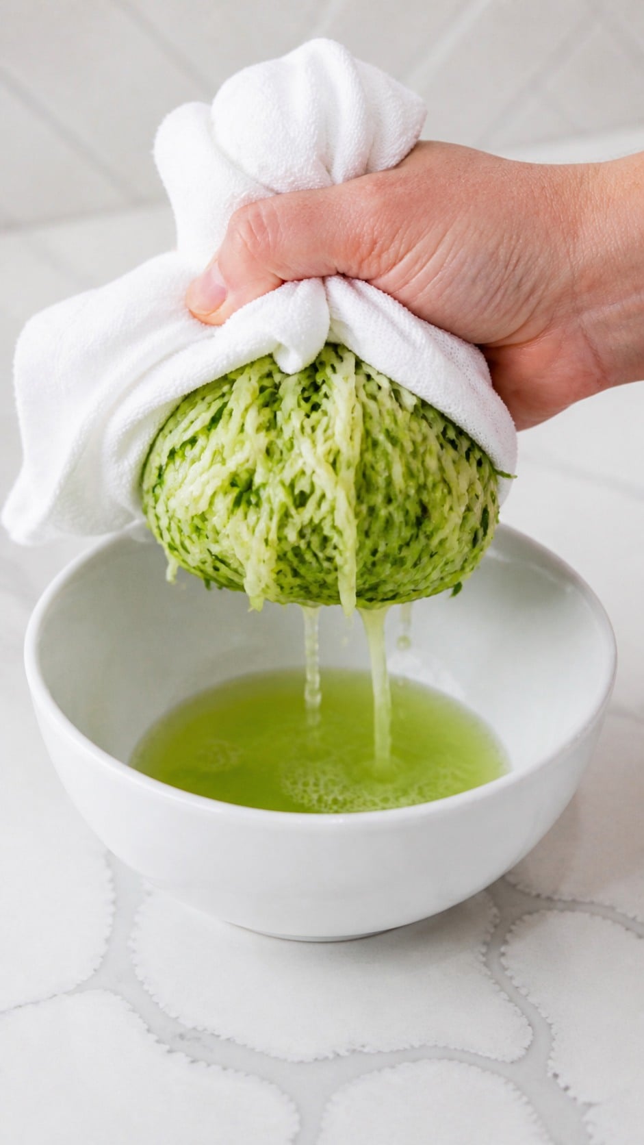 Salted grated zucchini being squeezed firmly in a clean kitchen towel to remove liquid.
