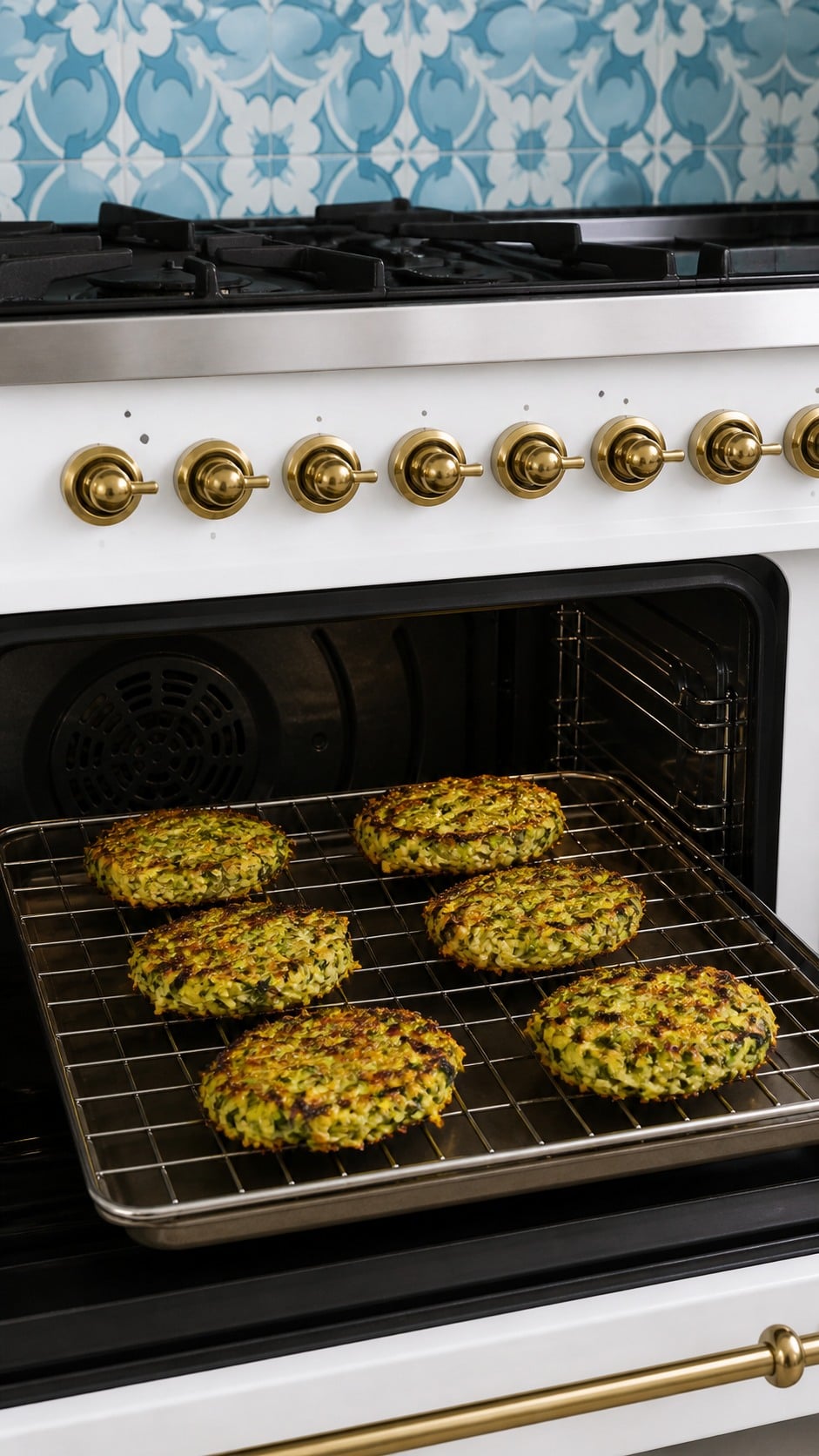 Golden zucchini fritters resting on a wire rack over a baking sheet in a warm oven between batches.