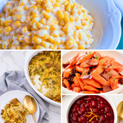Thanksgiving collage with southern cornbread dressing, sautéed carrots, creamed corn, and homemade cranberry sauce.