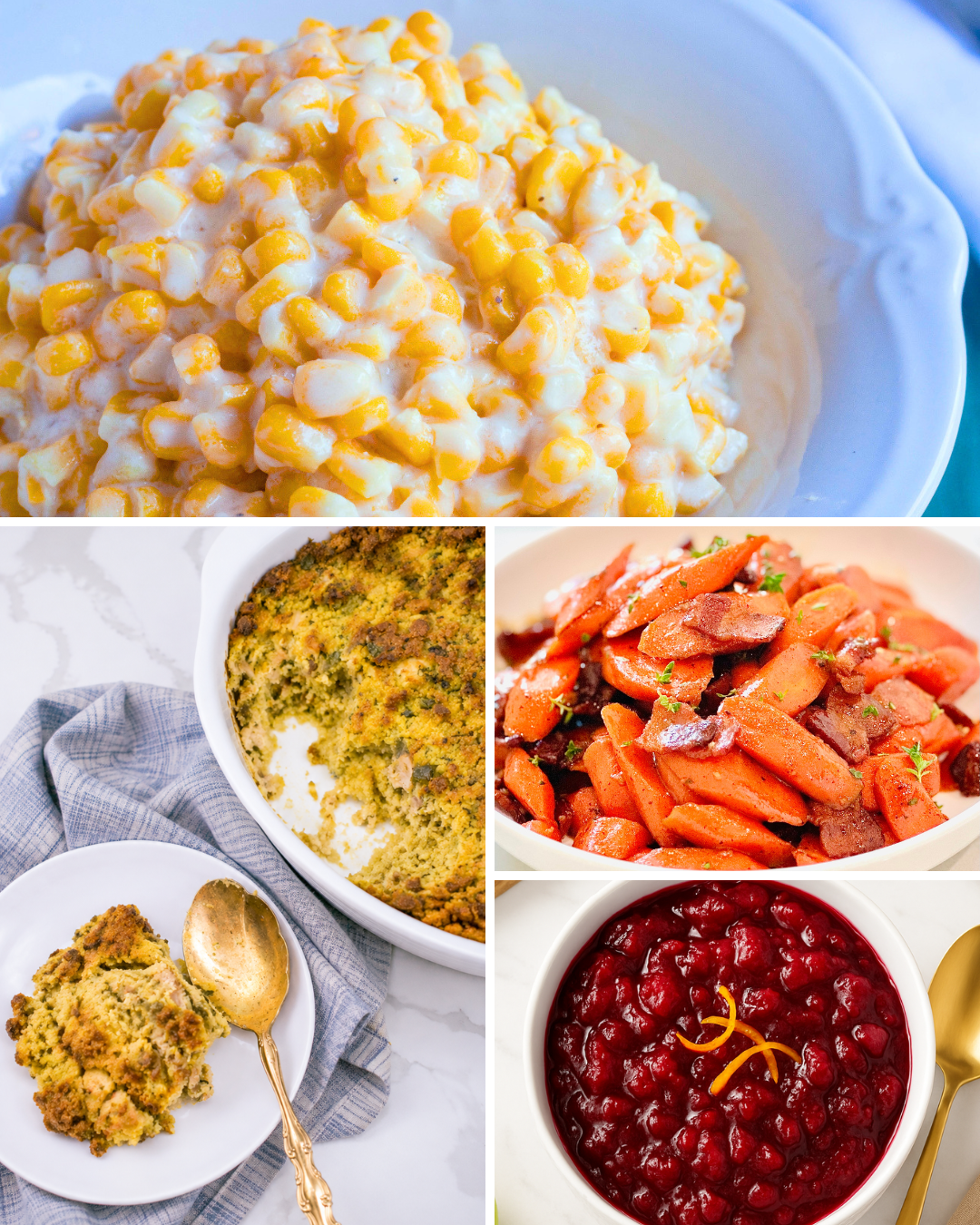 Thanksgiving collage with southern cornbread dressing, sautéed carrots, creamed corn, and homemade cranberry sauce.