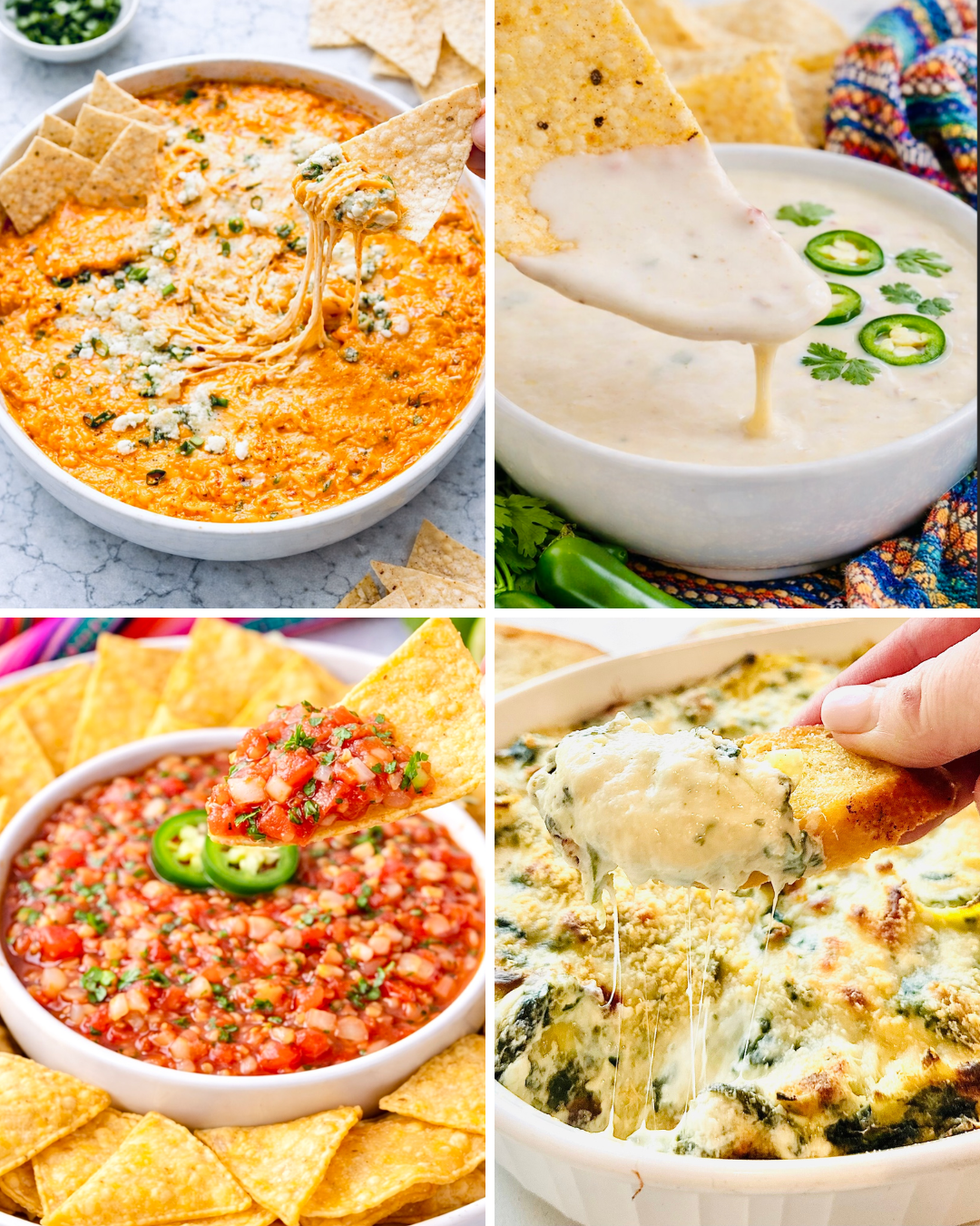Buffalo chicken dip, queso blanco, fresh tomato salsa served with tortilla chips, and spinach artichoke dip.