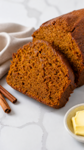 Close-up slices of Amish pumpkin bread showing the moist spiced crumb