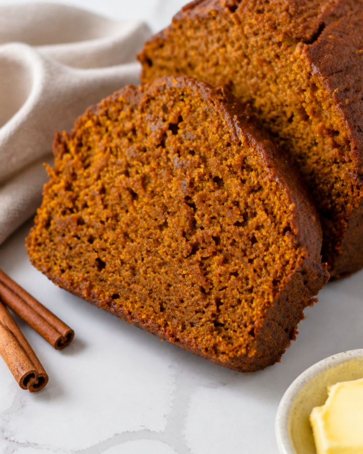 Close-up slices of Amish pumpkin bread showing the moist spiced crumb