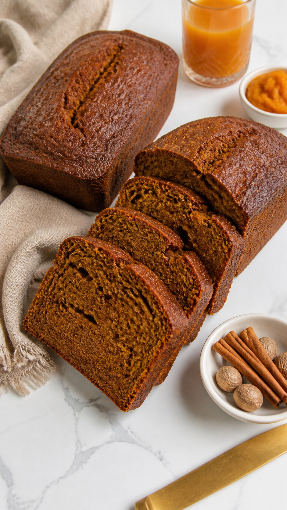 Moist Amish pumpkin bread loaf with thick slices on a wooden board