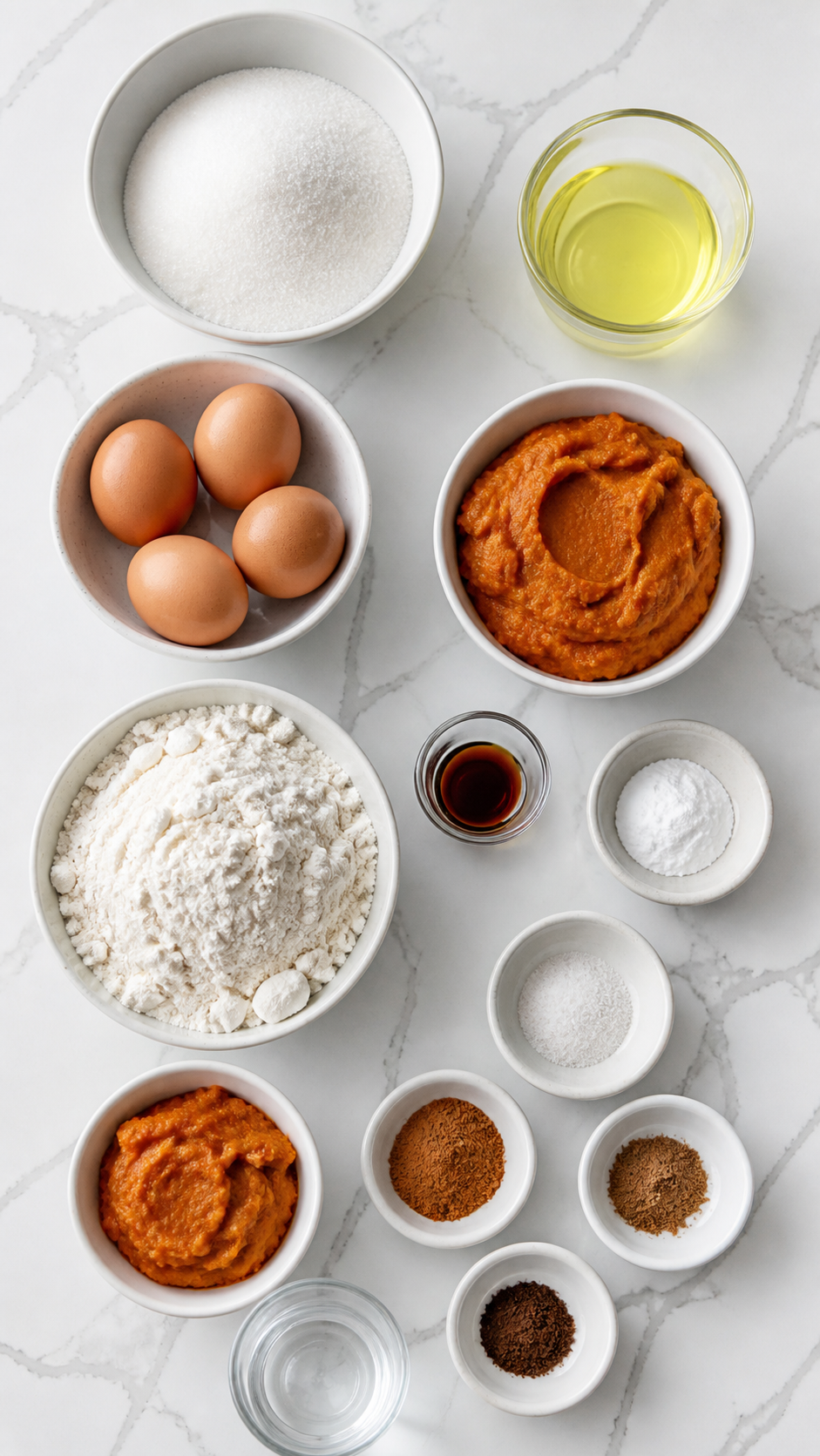 Measured ingredients for one-bowl Amish pumpkin bread