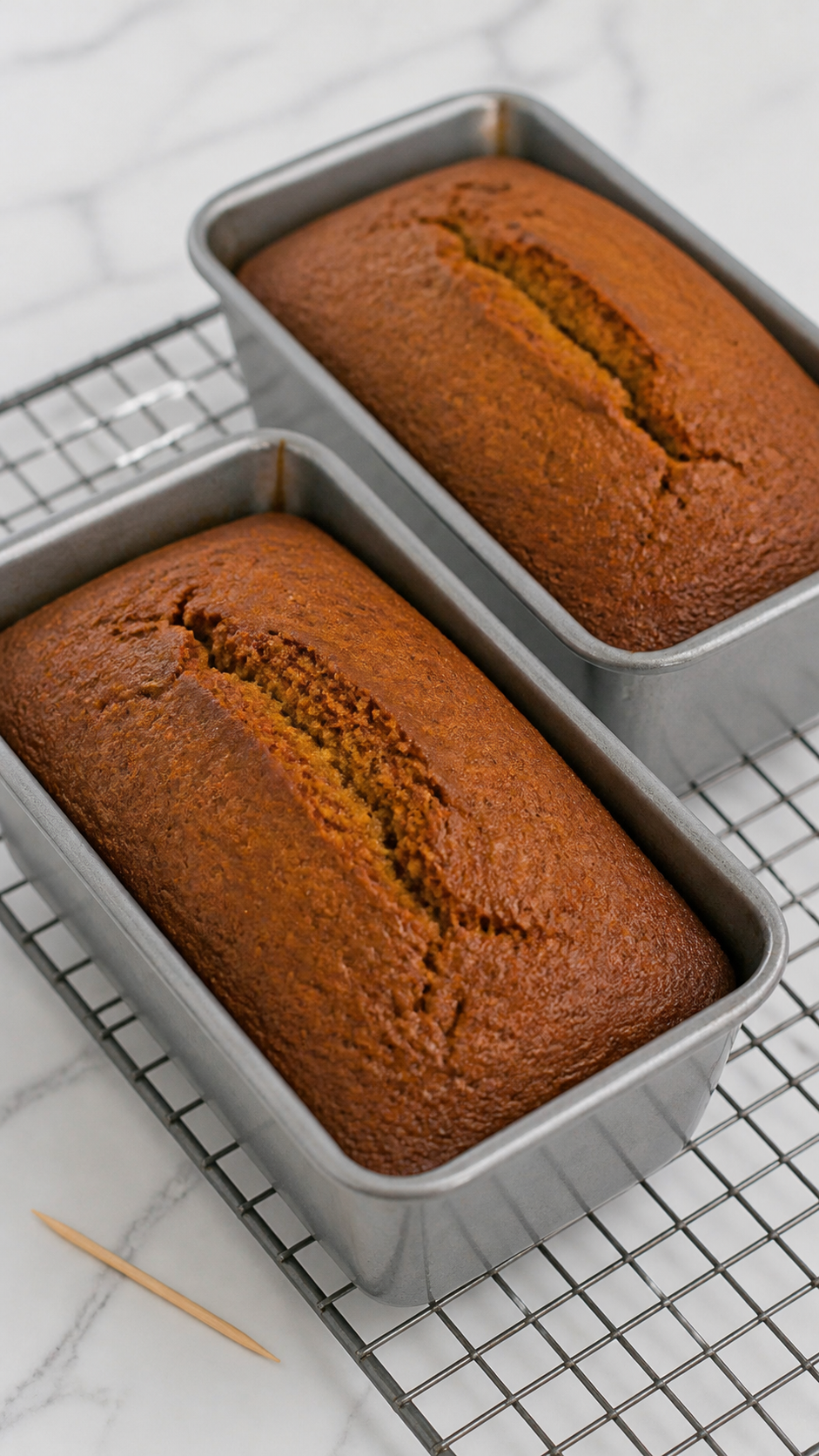 Two baked pumpkin bread loaves cooling in their pans