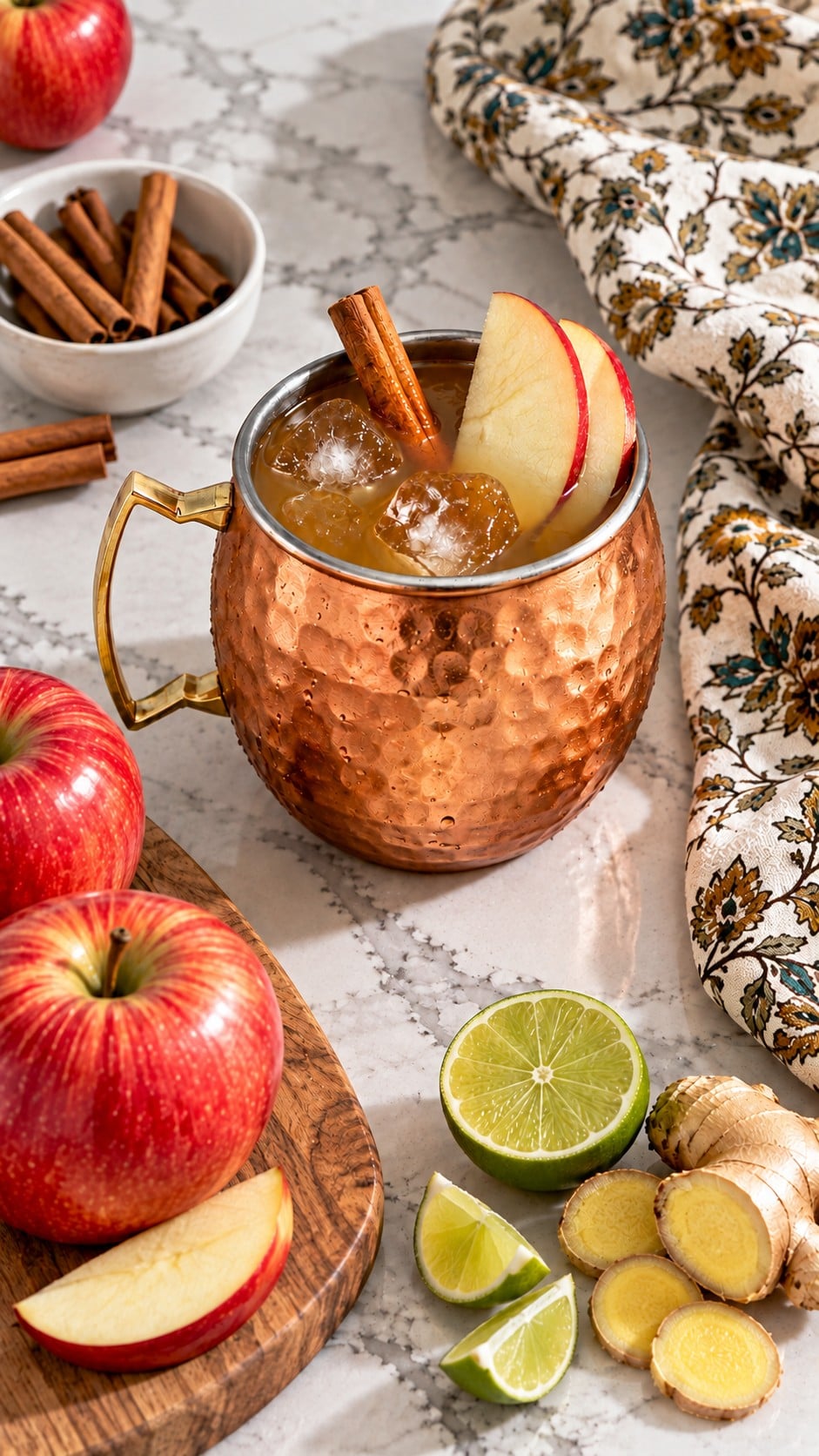 Cold apple cider mule served in a copper mug on a botanical linen