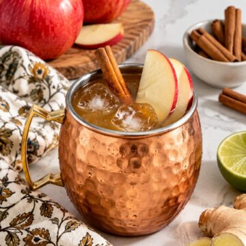 Apple cider mule with apple slices and a cinnamon stick in a copper mug