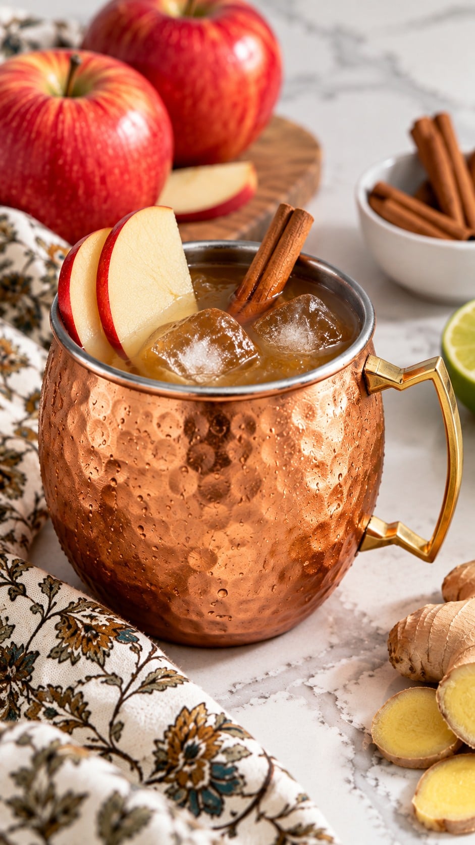 Close view of apple slices, cinnamon and ice in a cider mule