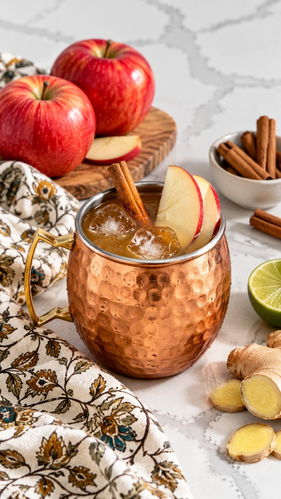 Apple cider mule with apple slices and a cinnamon stick in a copper mug