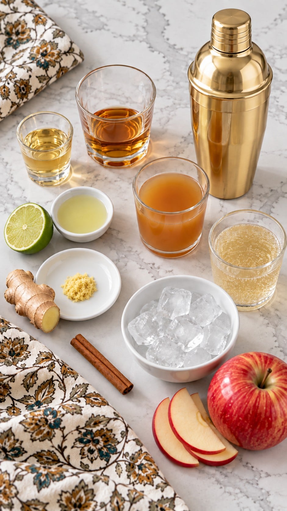 Cider mule ingredients with apple cider, ginger beer, lime and fresh ginger