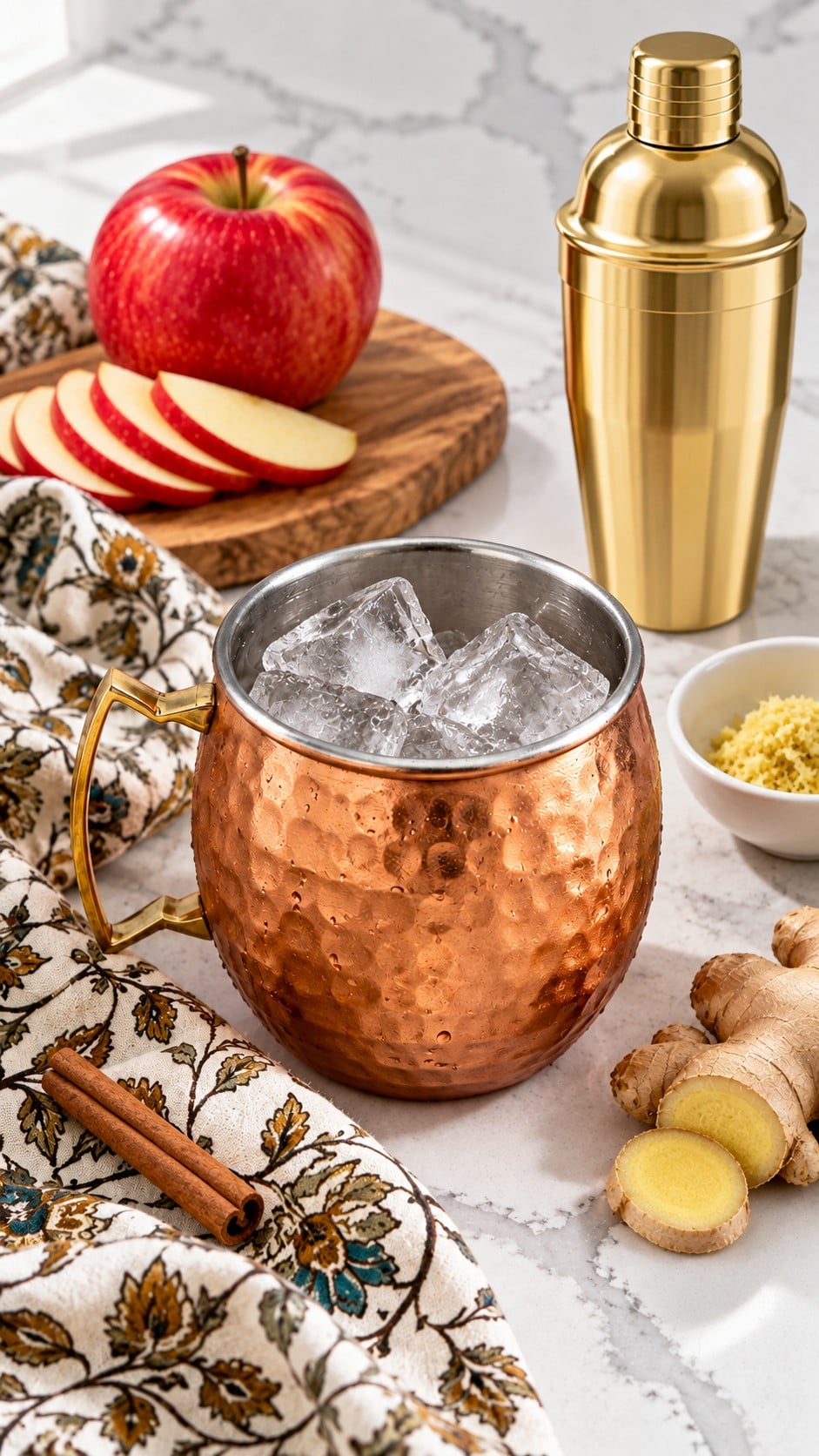 Ice-filled copper mug beside sliced apple and finely grated ginger