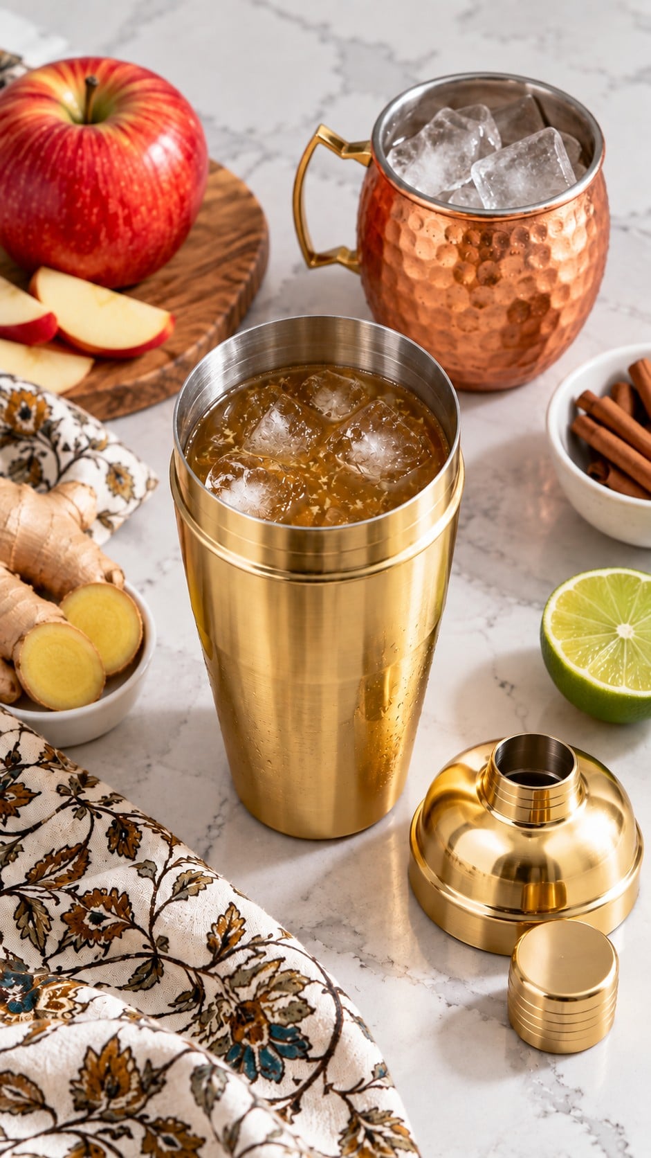 Open gold cocktail shaker beside the cider mule mixing ingredients