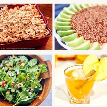 Fall apple recipe collage with caramel apple crisp, caramel apple dip, apple pecan spinach salad, and an apple butter bourbon cocktail