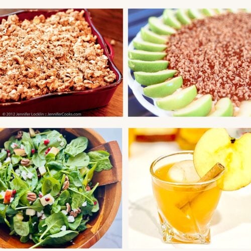 Fall apple recipe collage with caramel apple crisp, caramel apple dip, apple pecan spinach salad, and an apple butter bourbon cocktail