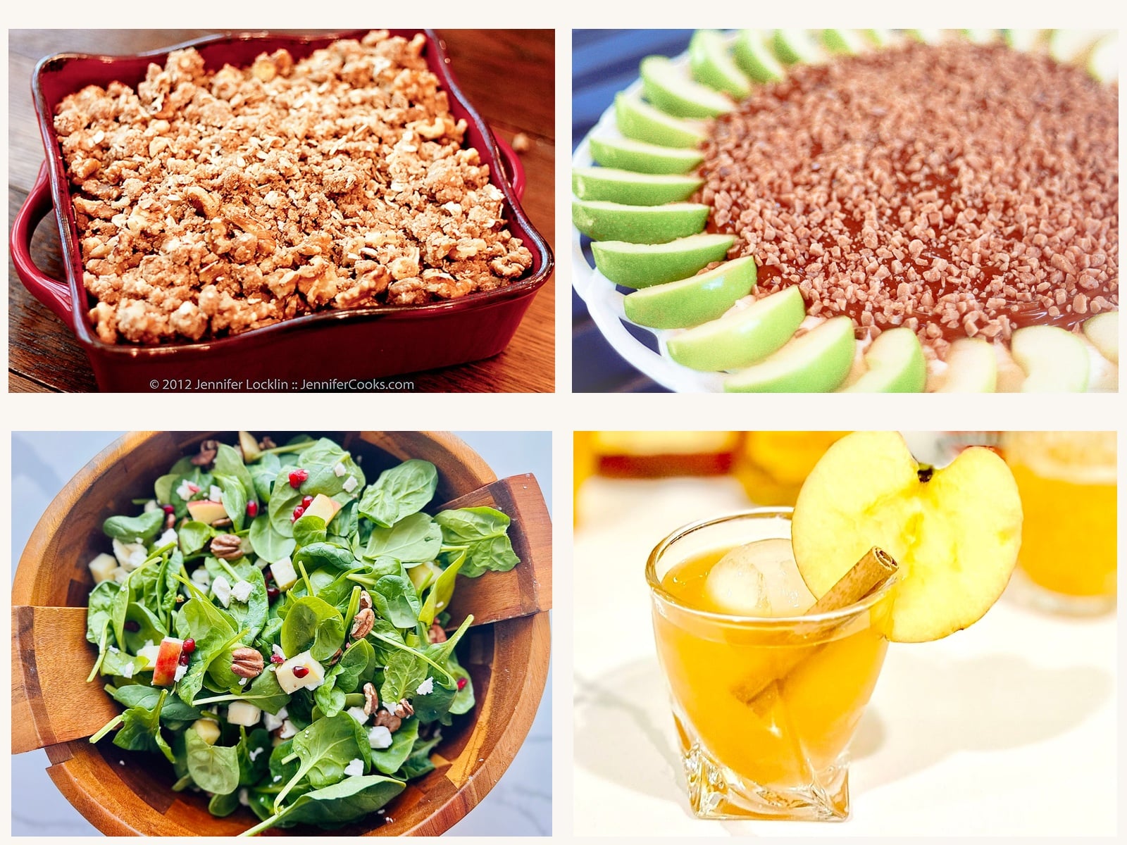 Fall apple recipe collage with caramel apple crisp, caramel apple dip, apple pecan spinach salad, and an apple butter bourbon cocktail