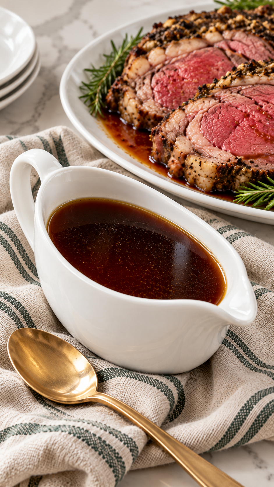 Finished red wine au jus served in a white gravy boat alongside prime rib.